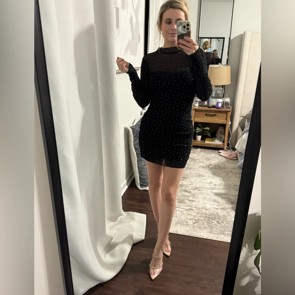 Elegant Black Sheer Bodycon Rhinestone Sparkle Party NYE Holiday Birthday Dress - Picture 8 of 8